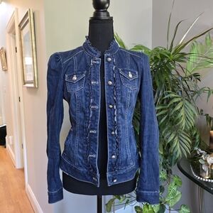 White House Black Market Blue Jean Jacket with Ruffle Detail